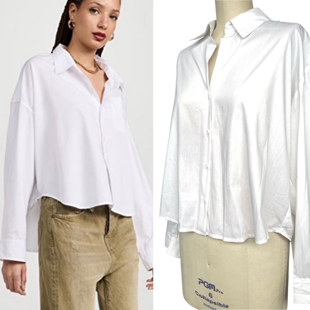 L’AGENCE  New‼️ NWOT Sz Small White Button Down Cropped Shirt Long Sleeve, spot*